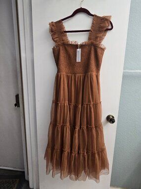 Baltic Born Emma Smocked Tulle Dress in Mocha NWT Size L